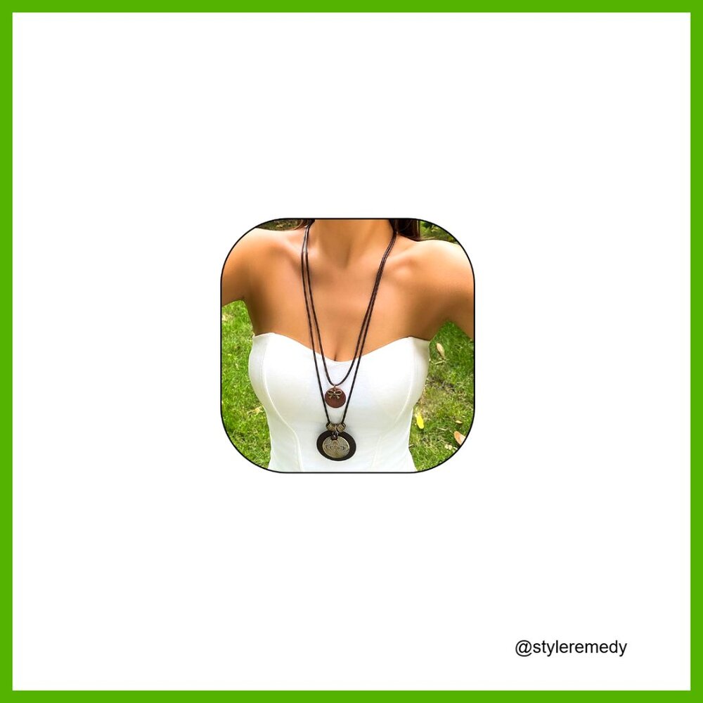 Adjustable Leather Cord Wooden Disc Pendant Choker Necklace Boho Stacking